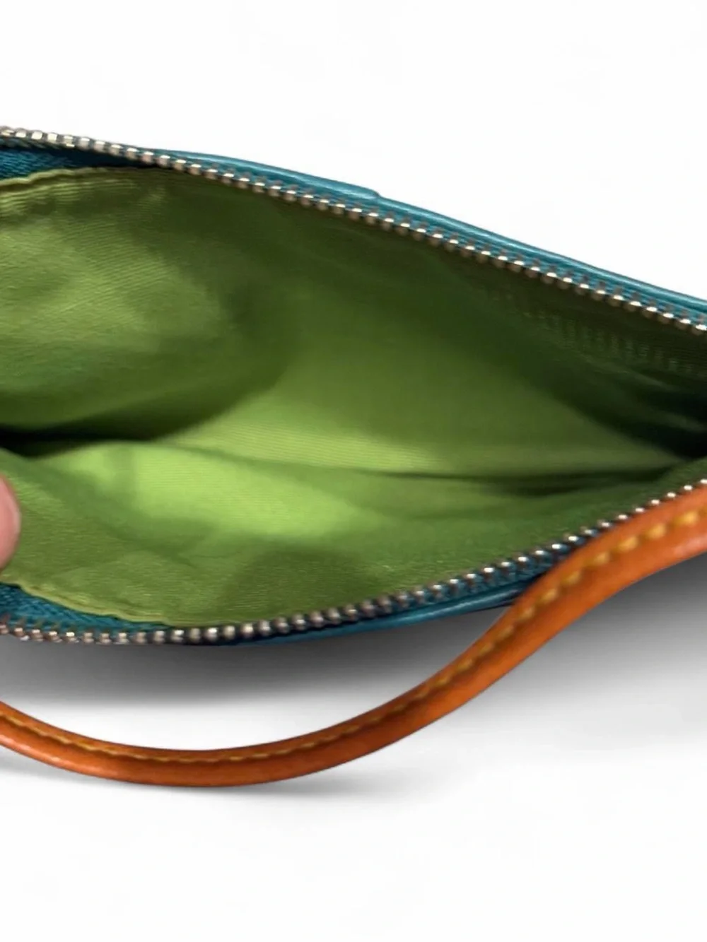 Coach Teal Pebbled Leather Wristlet with Tan Strap Accent